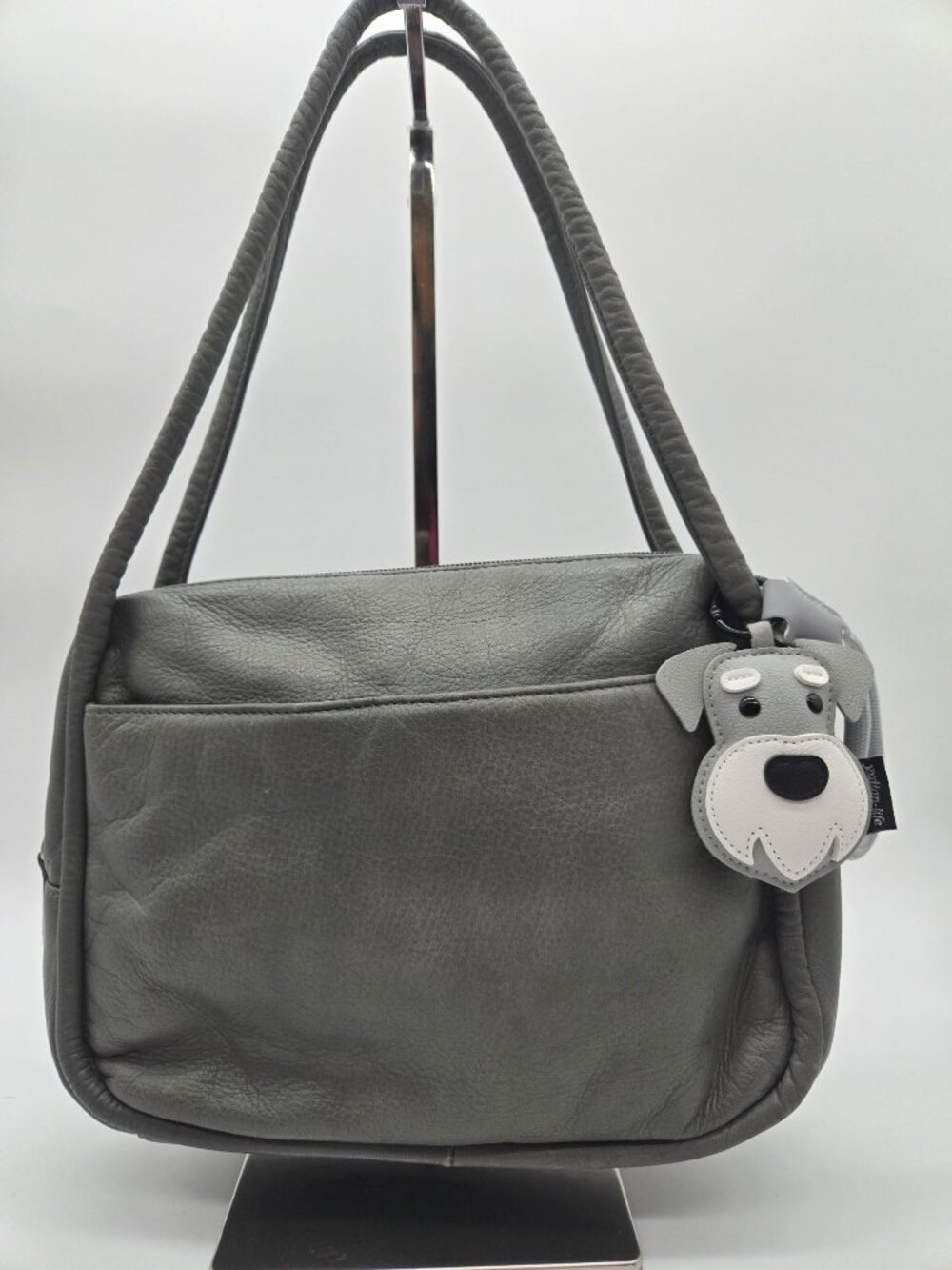 Rare Vintage Luna Borsa Gray Leather Double Handle Shoulder Bag Schnauzer Charm